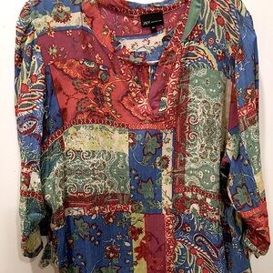 Jones NY Women 2X BOHO Colorful Patchwork Gauzy Top Mid Length Tie Sleeves NWOT